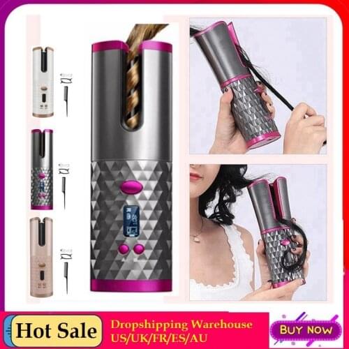Cordless Automatic Hair Curler Iron USB Rechargeable Wireless Curling Iron Air Curler for Curls Waves LCD Display Ceramic Curly
