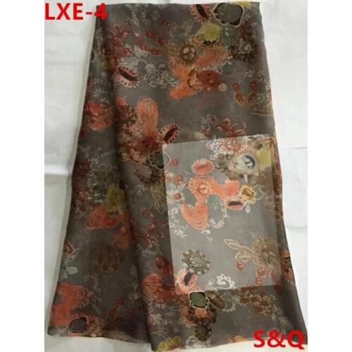 High quality 2018popular 5yard african 100% silk chiffon lace fabric for lady dress stretch high-class printed silk fabric LXE-4