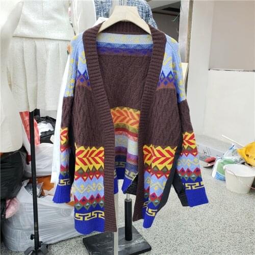 Vintage Knitted Cardigan Patchwork Denim Jacket V-neck Long Sleeve Casual Female Coffee Color Jeans Jacket Chaqueta Mujer Autumn