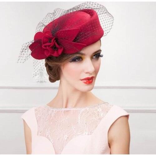 Womens Hat Cap Fedoras Dress Fascinator Wool Felt Pillbox Hat Party Wedding Bow Veil Hat