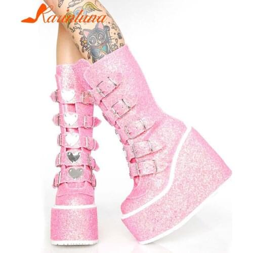 Brand Design Ladies Fashion Heart Metal Buckle Boots Platform Wedges High Heels Boots Women Party Goth Street Bling Shoes Woman