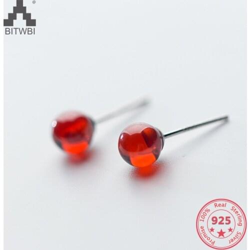 925 Sterling Silver Red Pomegranate Crystal Stud Earrings Women Fashion Cute Round Ball Temperament Ear Jewelry Holiday Gift