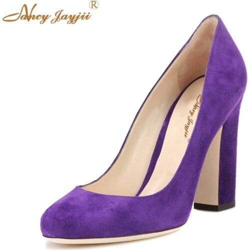 Purple Chunky High Heels 5 inch Pumps Woman Classic Casual Ladies Shoes Slip on Office Dress Mom Plus Size 11 14 16 Solid Basic