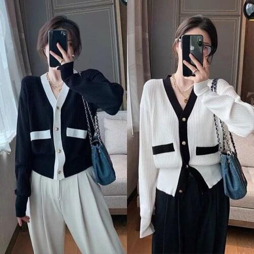 Women Sweater 2021 Fall New Cardigan French Thin Two-color Knit Cropped Top