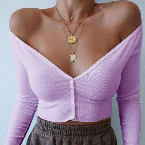 GGRIGHT V Neck Long Sleeve Crop Top Women Off Shoulder 2020 Autumn Winter White Button Up T Shirts Black Wrap Ribber Top Sexy