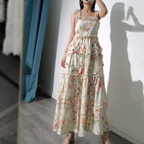 Retro Vintage Ruffles Patchwork Long Dresses Floral Printed Sexy Sling Good Quality Runway Show Dress Clothes Vestidos