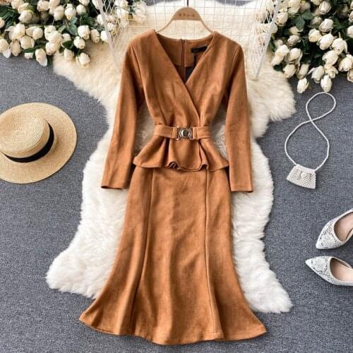 Autumn New Fashion Temperament V-Neck OL Professional Sexy Package Hip Dress Ruffled Fishtail Lady Sheath Dress Office Work M313