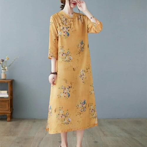 2021 New Arrival Thin Soft Cotton Linen Loose Summer Dress Print Floral Vintage Chinese Style Dress Women Casual Midi Dress