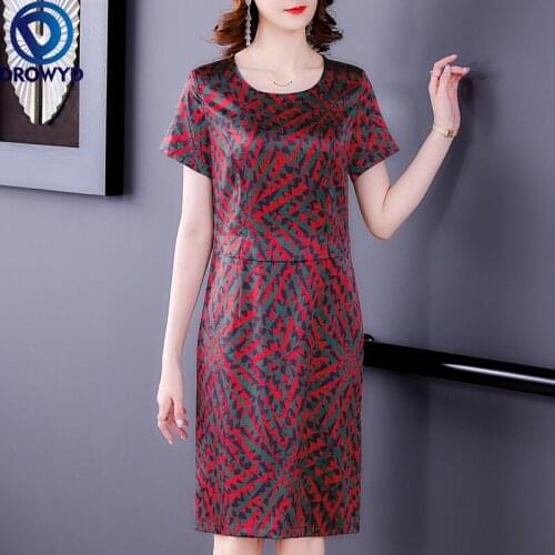 Women Sexy Midi Dress Summer 2021 Office Lady Silk Floral Print Short Sleeve O-Neck Red Black Dresses Runway Traf Robe Vestidos