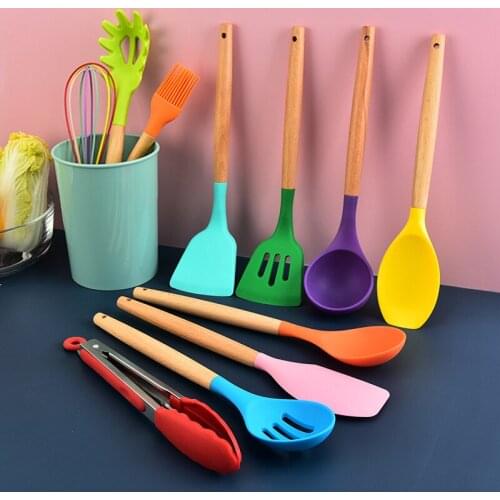12pc Colorful Silicone Cooking Tools Kitchenware Set with Bucket Non-Stick Cooking Spatula Spoon Wooden Handle Heat-Resistant