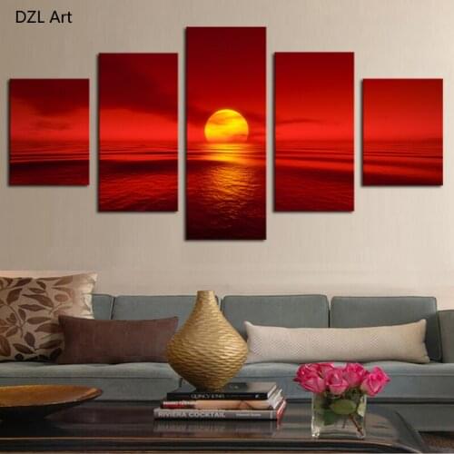 5 Panels(No Frame) Red Sun Wall Decor Print on Canvas Oil Painting Canvas Painting for Christmas Gift