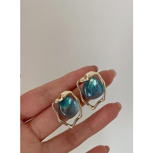 Minority Design Irregular Retro Metal Blue Resin Earrings Female Fashion Simple Temperament Jokey Personality Earrings Tide