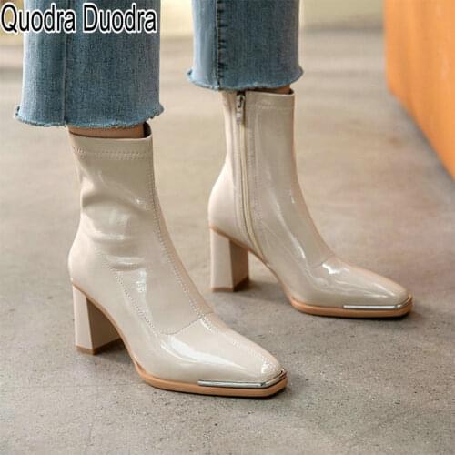 Ankle boots new Winter/Autumn Women Martin Boots zip solid Thick High Heels Square Toe shoes Casual lady chunky big size 33 41