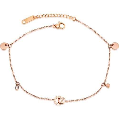 Rose Gold Color Stainless Steel Round CZ Anklets For Women Charm Ladies girl summer Foot Jewelry Gift Drop shipping