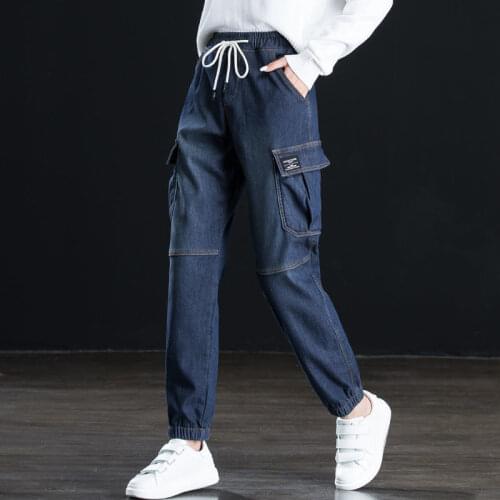 High Waisted Jeans Cargo Pants Womens Loose 2020 Fall/ Winter Velvet Elastic Waist Harlan Jeans Womens Jeans Denim Trousers