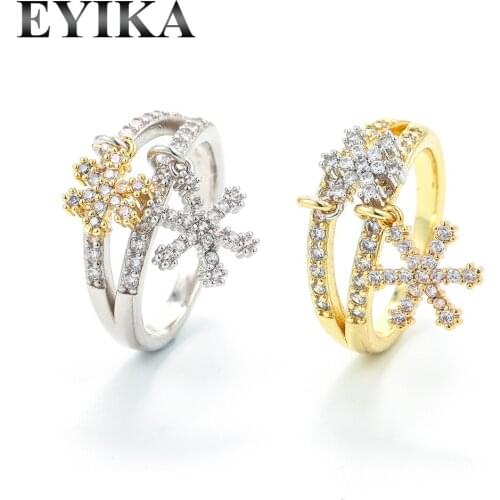 EYIKA Luxury Female Flower Snowflake Open Ring Crystal Zircon Stone Ring Mixing Gold Silver Plated Unique Design Fashion Jewelry
