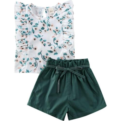 2020 Infant Baby Girl Kid Summer Clothes Sets Ruffles Flower Sleeveless Tops + Shorts 2PCS Outfits 1-6Y