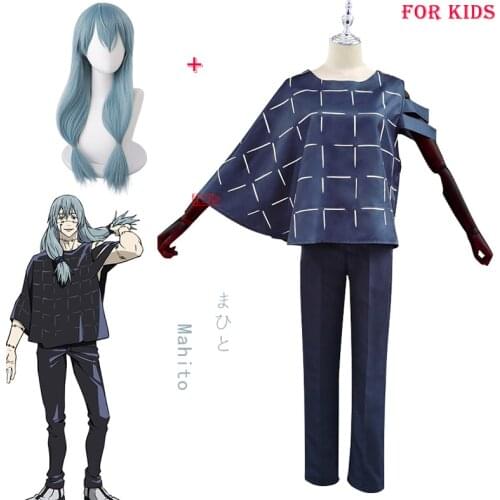 Anime Jujutsu Kaisen Mahito Cosplay Costume for Kids Blue Uniform Blue Long Wig Children Suit Kids Gifts Kids Clothes Boys Gifts