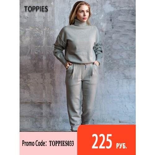 Toppies Women Knitted Sets Casual Tracksuits Two Piece Set Turtleneck Sweater High Waist Jogger Pants