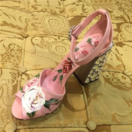 Macytino Flower Printed Sandal Chunky Heels Crystal High Heel Shoes Summer Casual Sandals Real Pictures
