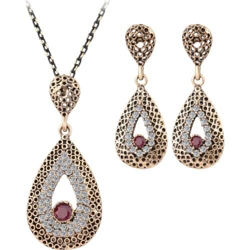 Fashion Fine Vintage Jewelry Crystal Water Drop Necklace Sets Pendant Earing For Women Turkish Gilded Nigerian Red Bead Necklace