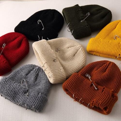 Men Hip Hop Harajuku Skullies Beanies Hats Ripped Holes Knitted Hats Plain 2021 Autumn Winter Soft Cotton Warm Caps