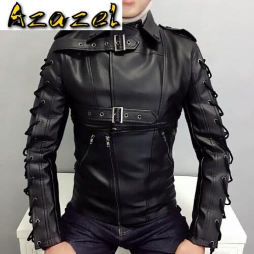 Mens New skinny lape Genuine leather stitching punk motorcycle leather jacket male Slim Korean personality leather clothes