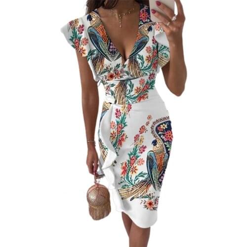 2021 Midi Dress Flower Printing Deep-V Cloth Ruffled Hem Decor Summer Dress for Date Tight Waist Summer Dress All-matched Dress