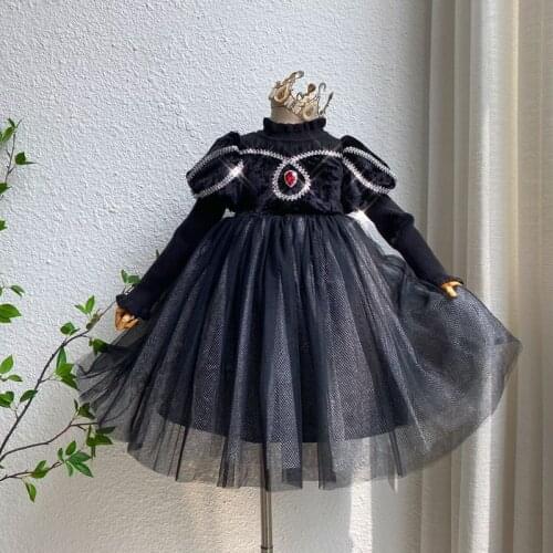 Girls black diamond knitted Boutique long sleeve princess dresses wholesale
