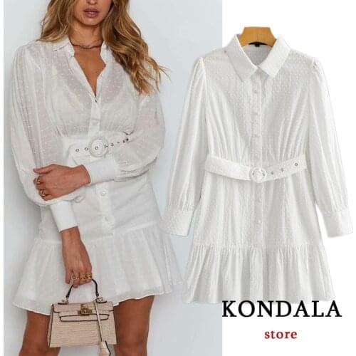 KONDALA Za Casual Cotton White Dot White Women Dress Long Sleeve Sashes Transparents Ruffles Mini Dresses Female Summer Vestidos