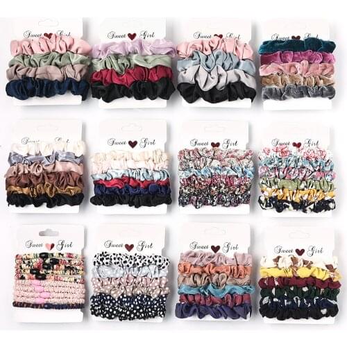 3/4/5/6 Pcs/Set Hair Scrunchies Flower Satin Velvet Scrunchie Pack Women Elastic Hair Bands Girls Headwear Rubber Hair Ties