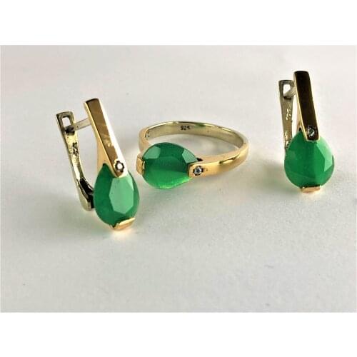 Dark green drop stone 2 rings with elegant white stone on top +1 piece Earring Starling silver 925 Great Jewelry set