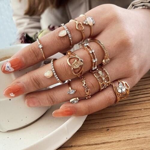 Bohemian Crystal Rings Set Star Gold Color Rings For Women Fashion Geometric Pearl Ring Trendy 2021 Jewelry Gifts Party