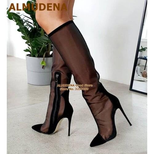 ALMUDENA Sexy Black Mesh Knee High Boots Thin High Heel Suede Pointed Toe Patchwork Long Sandal Boots Size46 Zipped Dress Shoes