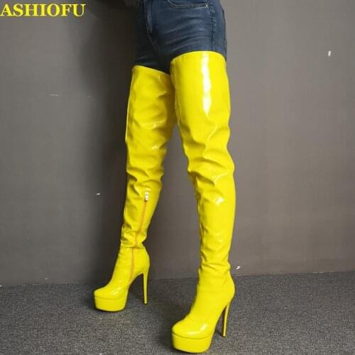 ASHIOFU New Arrival Women High Heel Platform Boots Sexy Club Party Thigh High Boots Large Size Evening Dress Winter Fashion Boot