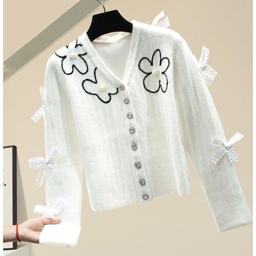 Heavy Industry Beaded Diamond Bow Flower V-neck Sweater Female Cardigan Jacket Top 2020 Fall Winter Sweaters Women Cardigans