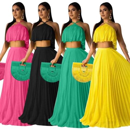 2021 Summer Women Solid Color Two Piece Sets Halter Sleeveless Backless Crop Tops High Waist Pleated Skirts Bohemian Outfits