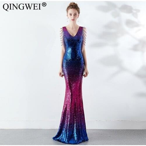 2019 Gradient crystal diamond chain fashion dresses bag hip sequins chest pad sexy annual meeting wedding banquet party dress