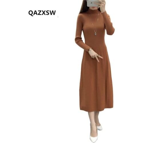 Autumn and Winter Women Sweater Knitted Dress Long-sleeved Elastic Turtleneck Sexy Lady Solid Color Bodycon Dress Vestido AD002