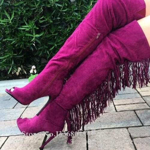 2018 Shoes Woman Heels Chic Fuchsia Flock Long Fringed Boots Sexy Peep Toe Tassels Stiletto Over The Knee Summer Zip Boots