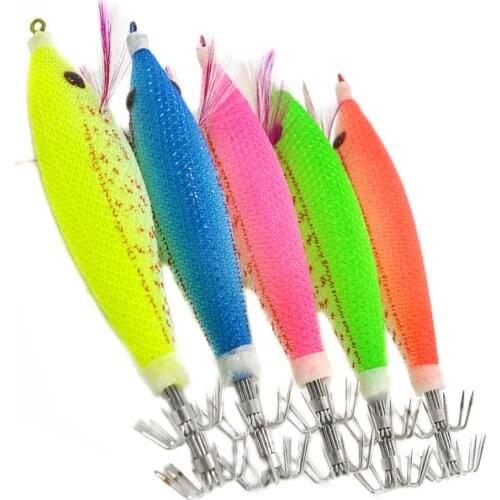 5PCS 10cm 3D eyes squid hook 5 colors luminous squid jigs artificial wood shrimp octopus fishing lures