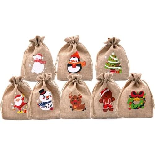 50pcs Color Printing Elk Burlap Bags Christmas Gift Jewelry Bags Wedding Party Decoration Drawer Bag Sachet Bag