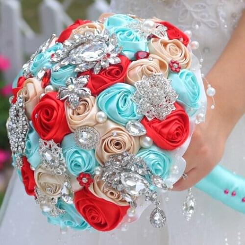 DIY champagne red cyan rose brooch bouquet Silk Bride Bridal Wedding Bouquet Bridesmaid Ribbon Flower custom made bouquets