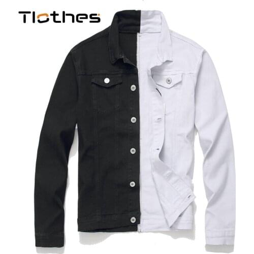 Black White Patchwork Denim Jacket Men Long Sleeve Button Down Jeans Shirts Mens Clothes Jeans Jacket Leisure Cowboy Clothing