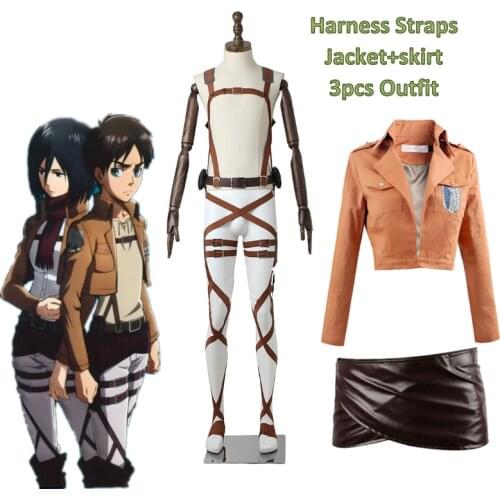 Attack on Titan Cosplay Shingeki no Kyojin Jacket Recon Corps Scarf Leather Skirt Hookshot Belts Suspenders Levi Ackerman Costum