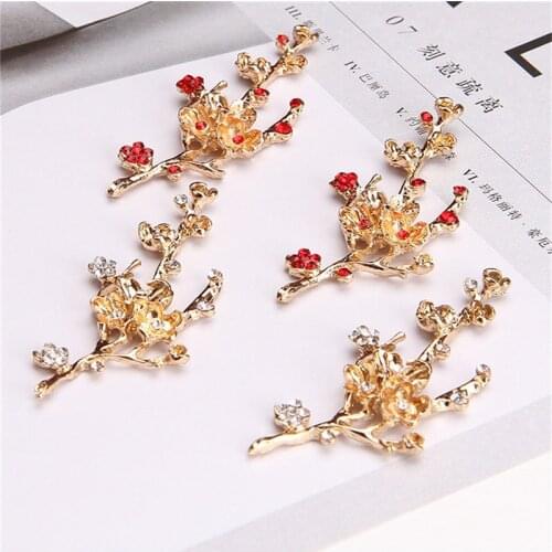 Julie Wang 5PCS Alloy Plum Blossom Charms With Rhinestone Red White Branch Pendant Brooch Hairpin Jewelry Making Accessory
