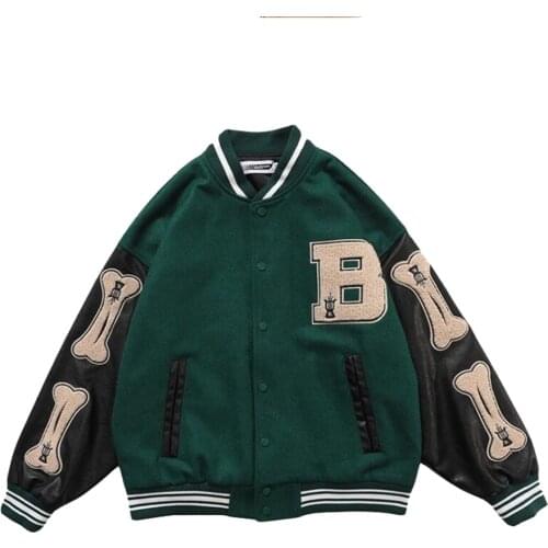 Hip Hop Furry Bone Patchwork Color Bomber Jacket Woolen Vintage Baseball Jackets Loose Street Coat Unisex Harajuku Streetwear