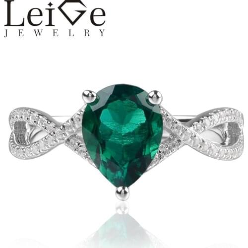 Leige Jewelry Lab Emerald Green Color Gemstone May Birthstone Prong Setting Pear Cut Classic Rings For Woman 925 Silver