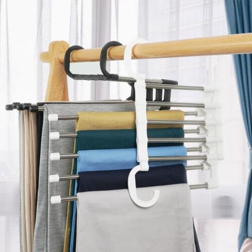 Multi-Functional Magic Pants Rack 5-In-1 Stainless Steel Clothes Hanger Multi-Layer Storage Folding Telescopic Pants Rack