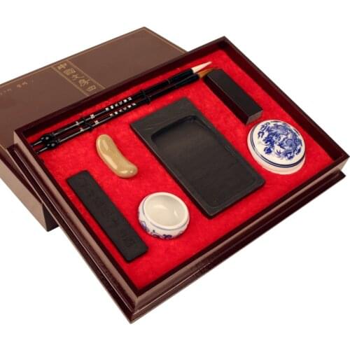 Weasel Hair Chinese Calligraphy Writing and Painting Brush Pen Set Inkpad Red Seal The Scholars Four Jewels Study Supplies Set